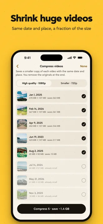 Shrink huge videos: same date and place, a fraction of the size.